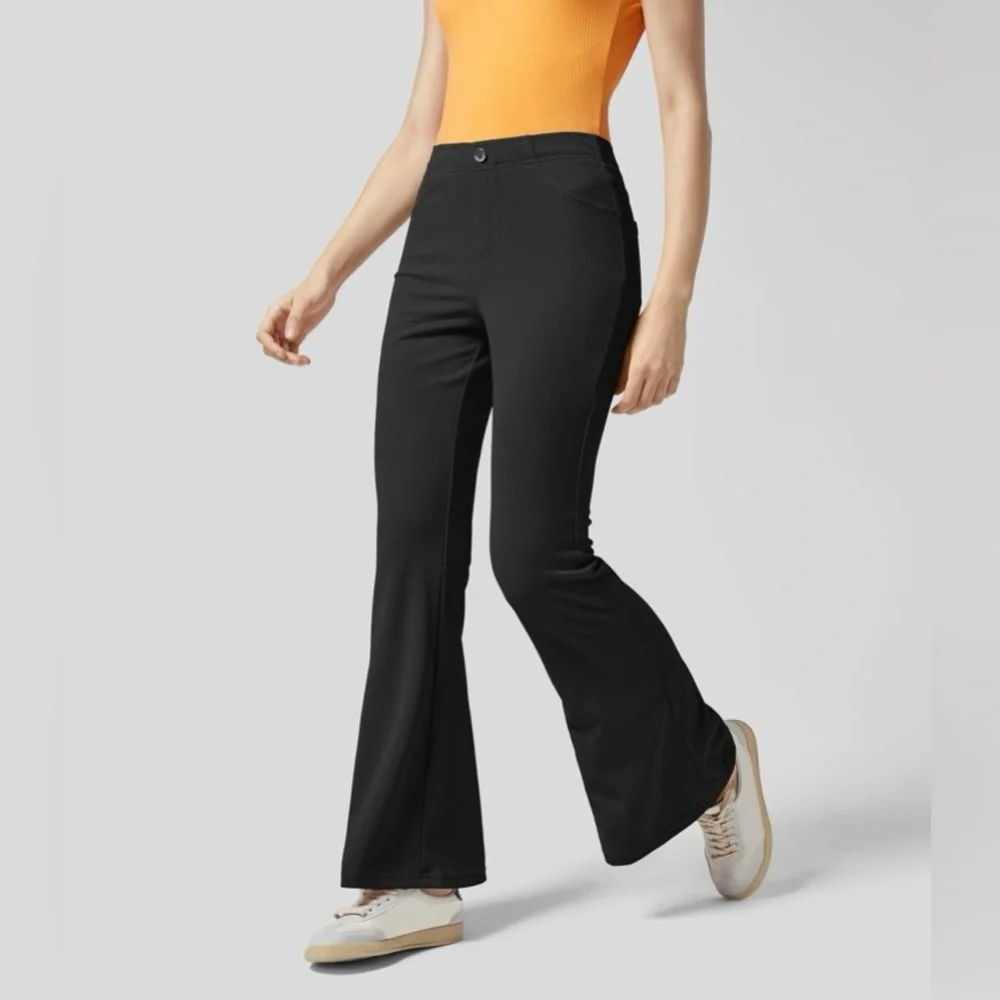 Halara Black Ribbed Mid Rise Multiple Pockets Solid Casual‎ Flare Pants | NEW!!